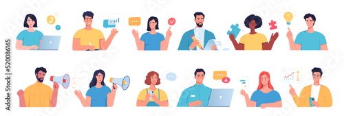 Young modern people characters at work. Programmer, support worker, designer, accountant, writer, businessman, businesswoman, promoter, manager