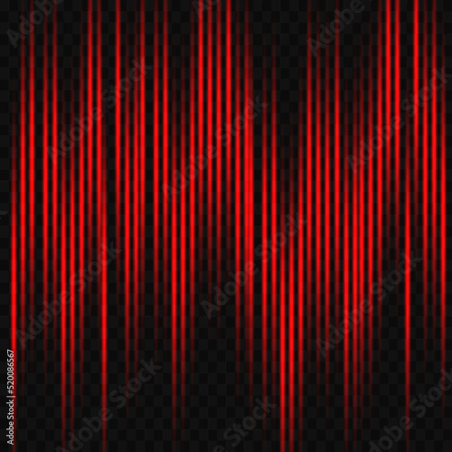 Red neon flash, laser vertical beams, bright light beams with glitter on a transparent background. vector illustration