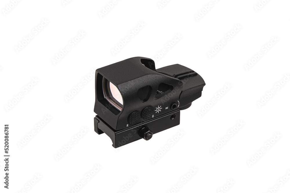 Modern optical collimator sight. Aiming device for shooting at short distances. Isolate on a white back. Modern optical collimator sight. Aiming device for shooting at short distances. Isolate on a white back.