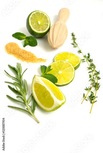 Mojito ingredients. Lime, mint and cane sugar isolated on white background. rosemary, thyme