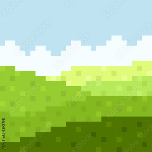 Meadow landscape pixel art. Vector illustration.