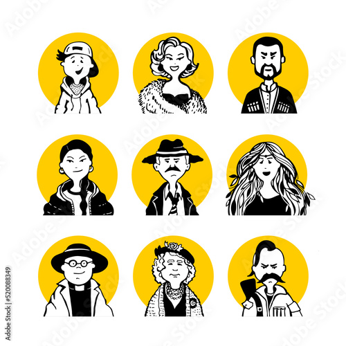 Collection 19 comic faces and characters of people in the style of doodles for avatars in the yellow circle and black and white icons and sets of icons and portraits of social networks for articles or