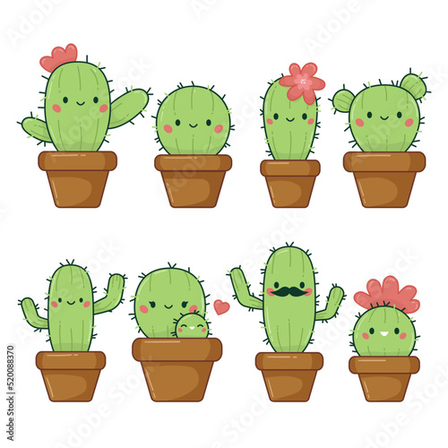 Collection of cute cactus plant with happy face. Kawaii cartoon characters. Doodle houseplants in flower pots. Vector illustration isolated on white background.