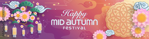 Mid autumn festival paper art style with full moon, moon cake, chinese lantern and rabbits on background.