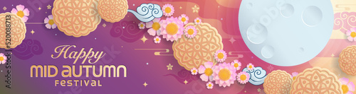 Mid autumn festival paper art style with full moon, moon cake, chinese lantern and rabbits on background.