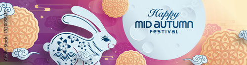 Mid autumn festival paper art style with full moon, moon cake, chinese lantern and rabbits on background.