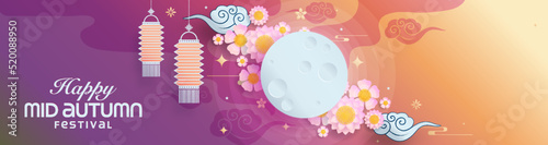 Mid autumn festival paper art style with full moon, moon cake, chinese lantern and rabbits on background.