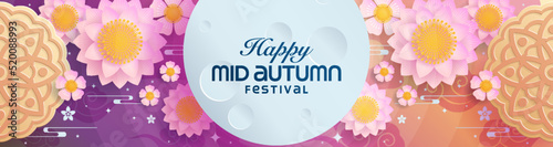 Mid autumn festival paper art style with full moon, moon cake, chinese lantern and rabbits on background.