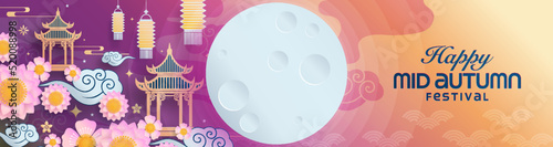 Mid autumn festival paper art style with full moon, moon cake, chinese lantern and rabbits on background.