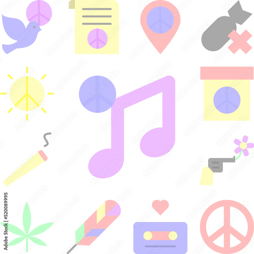 Note, peace icon in a collection with other items Note, peace icon in a collection with other items