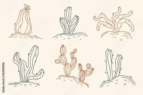 Hand drawn cactus set in a boho style desert