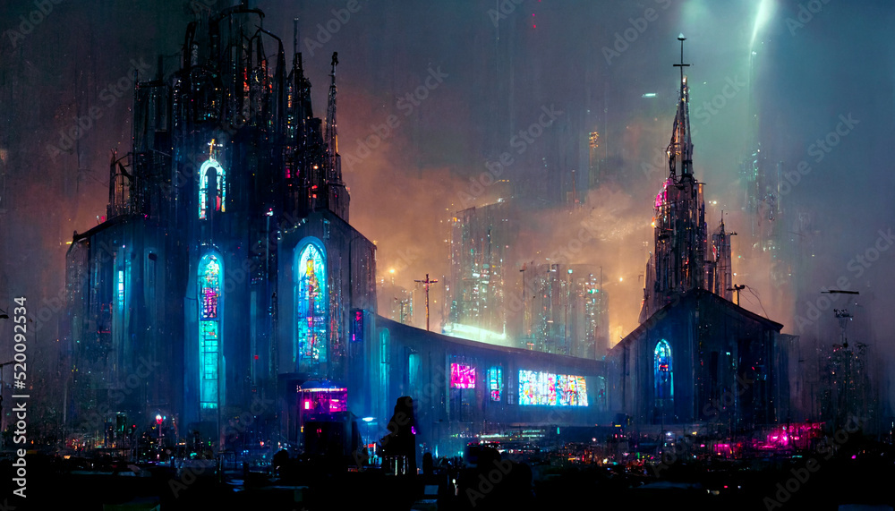 Obraz premium Conceptual sketch of a cyberpunk cathedral illuminated in a dark and moody environment signal for the dark future and dystopian society in a metropole of the near future
