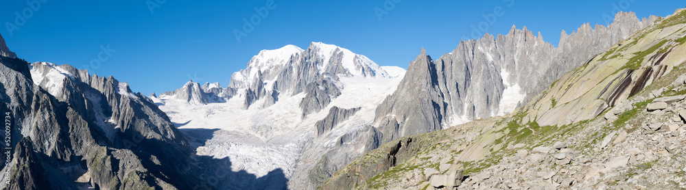 The panorama of Mont Blanc massif and  Les Aiguilles towers.