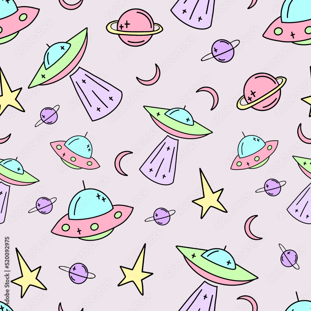 Obraz premium Ufo Seamless children's pattern vector. Galaxy illustration in cartoon style.