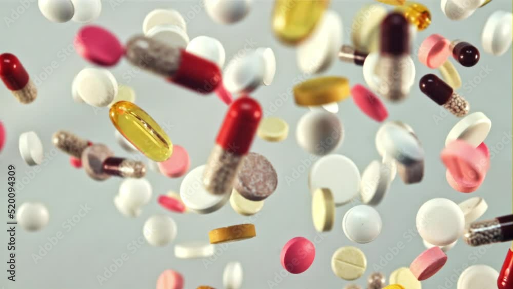 A bunch of different medical pills in flight. On a gray background. Filmed is slow motion 1000 fps. A bunch of different medical pills in flight. On a gray background. Filmed is slow motion 1000 fps.