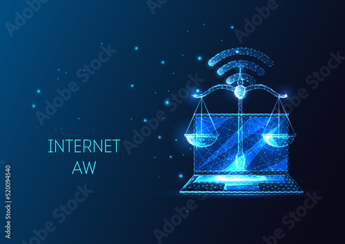 Internet law, net neutrality concept with futuristic laptop, wi-fi symbol and scales on blue 