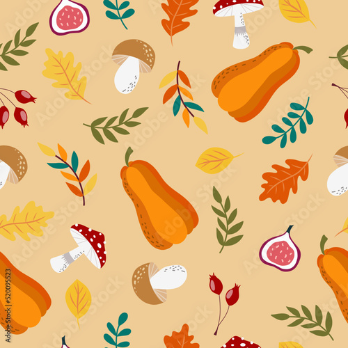 Seamless autumn pattern with mushrooms, pumpkins, fig and leaves on a warm beige background.