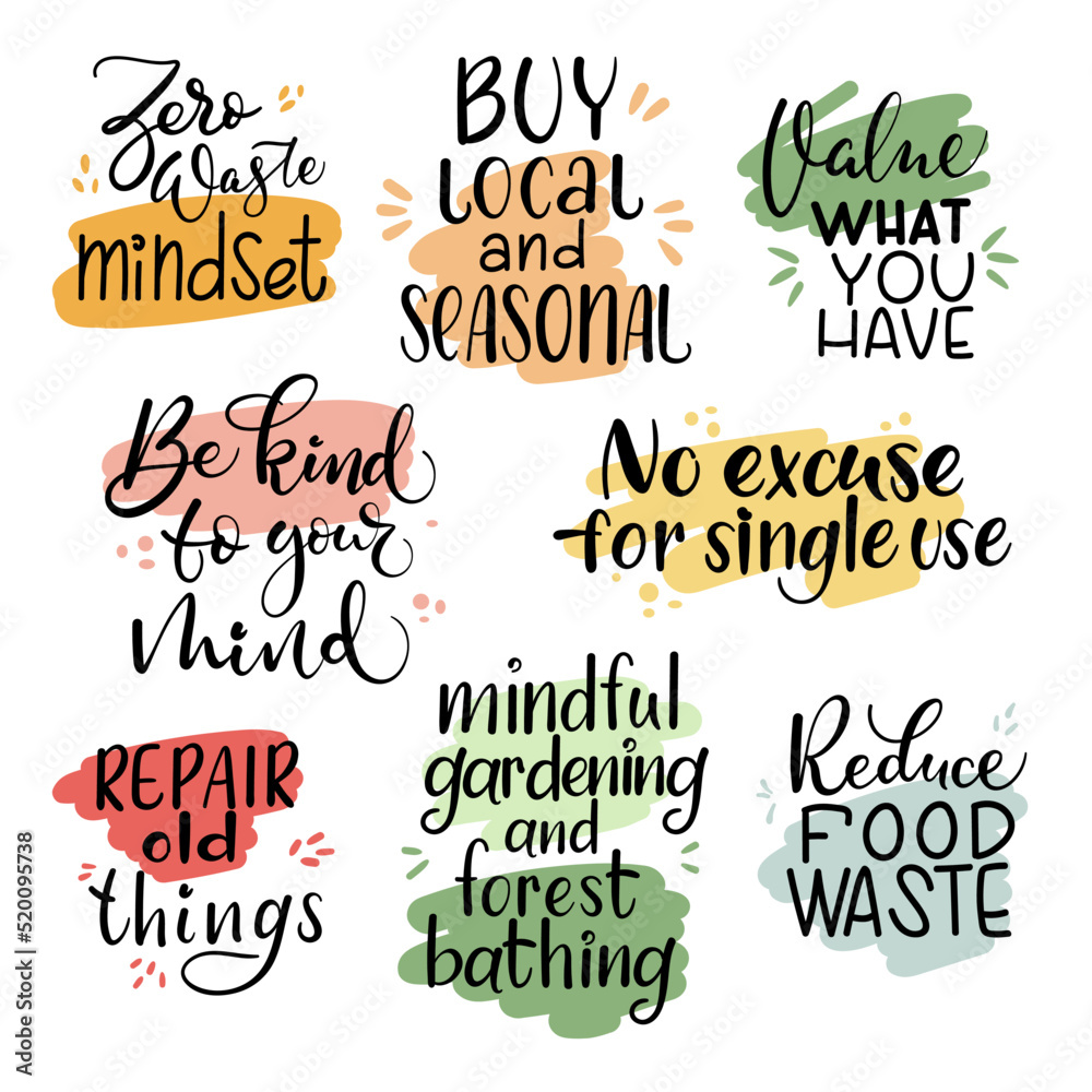 Set of handwritten brush calligraphy phrases about mindfulness, zero-waste, local and seasonal food - for journals, web banners, stickers, posters.