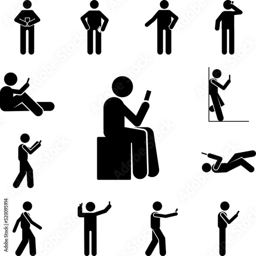 Man, sit down, use phone icon in a collection with other items