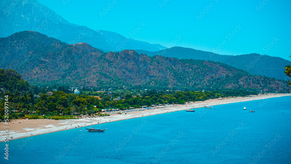 View of Cirali beach and Olimpos (Olympos) mountain in a sunset light. Kemer, Antalya, Mediterranean region, Turkey, Lycia.