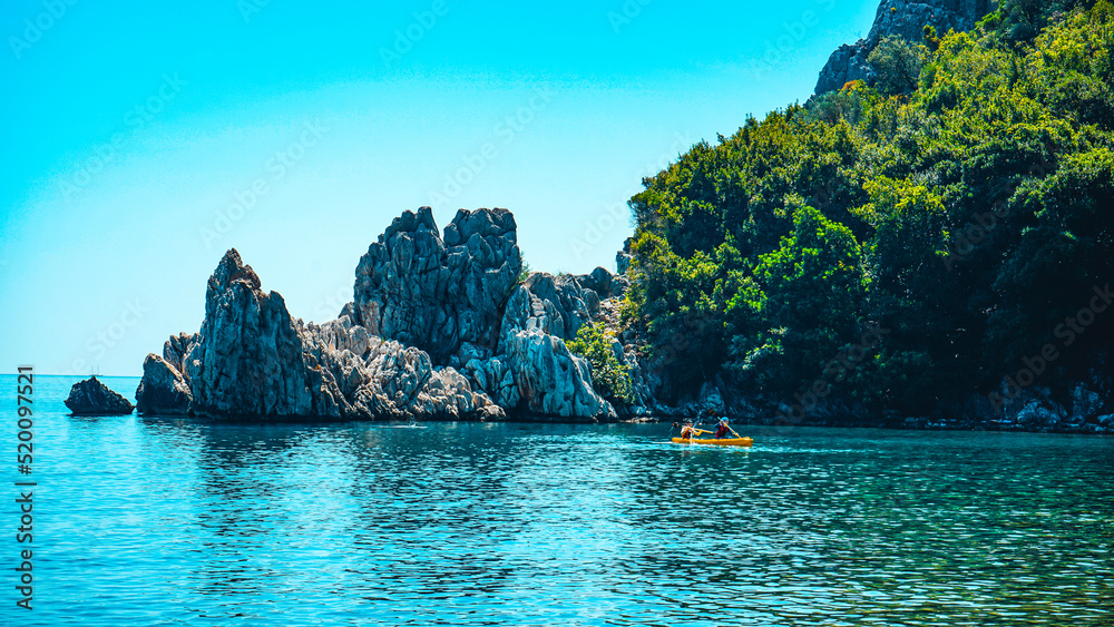 Obraz premium View of Cirali beach and Olimpos (Olympos) mountain in a sunset light. Kemer, Antalya, Mediterranean region, Turkey, Lycia.