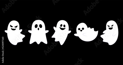 Happy halloween party greeting card with cute ghost. Holidays cartoon character. Cute spooky ghosts.