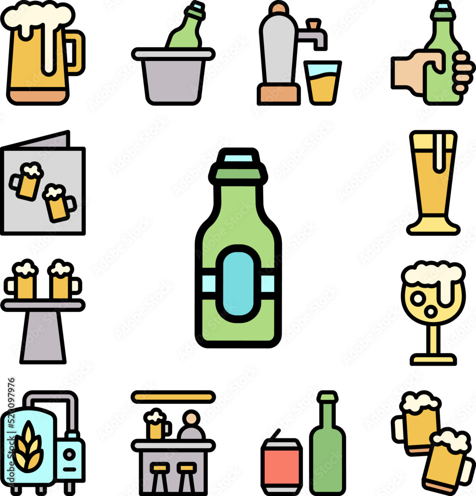 Beer bottle icon in a collection with other items Beer bottle icon in a collection with other items