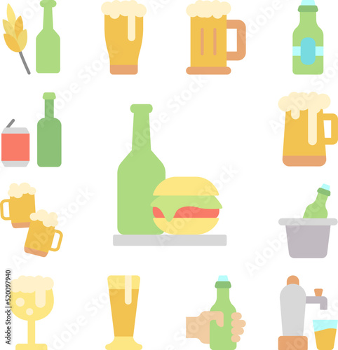 Beer bottle, hamburger icon in a collection with other items