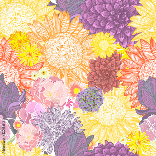 Seamless floral background. Vector illustration. Modern floral background. Trendy Folk style.