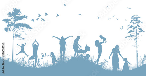 Family in nature. Light blue silhouettes of people. Happy Mother's Day. Mom with a child in the park. Vector illustration