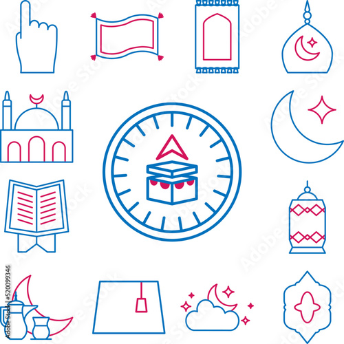Islam, qibla compass 2 colored line icon in a collection with other items