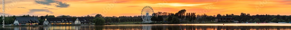 Willen Lake south bay ultra panorama at sunset  in Milton Keynes. England