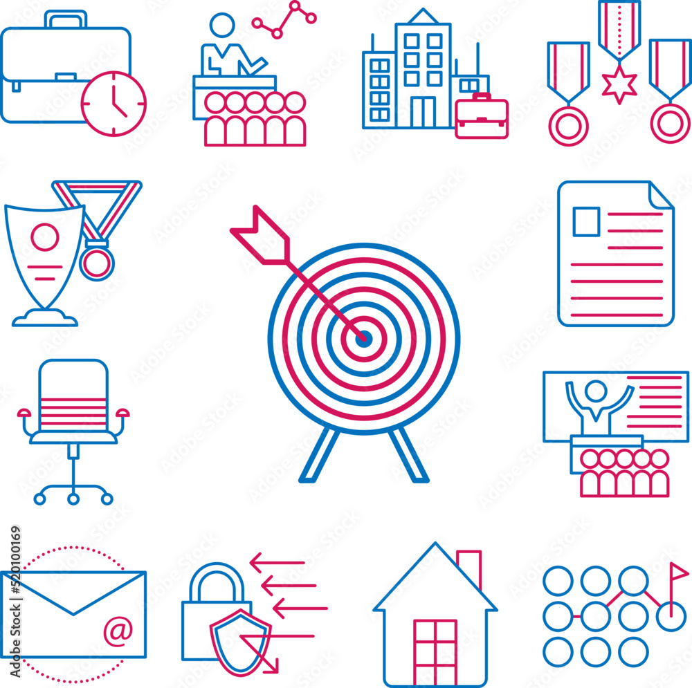 Job resume, target 2 colored line icon in a collection with other items