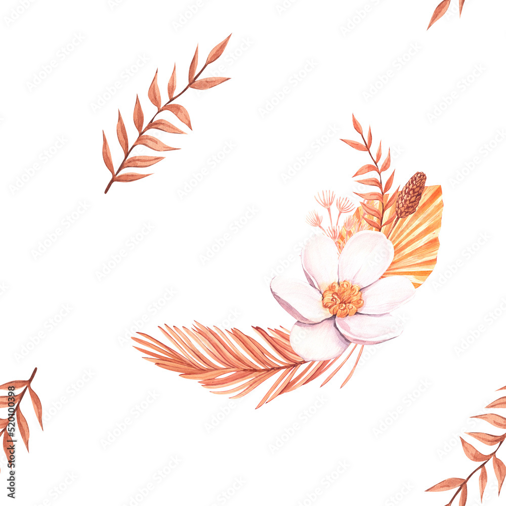 Fototapeta premium Seamless tropical floral pattern, pastel dry palm leaves, boho tropical flower, rose. Watercolor illustration design for fashion textile, texture, fabric, wallpaper, cover