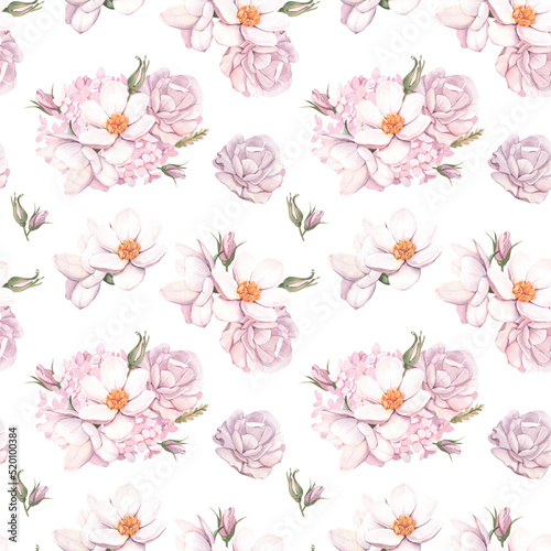 Seamless tropical floral pattern, pastel dry palm leaves, boho tropical flower, rose. Watercolor illustration design for fashion textile, texture, fabric, wallpaper, cover.