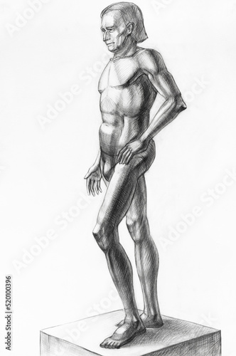 study drawing of man standing on podium hand-drawn by graphite pencil on white paper
