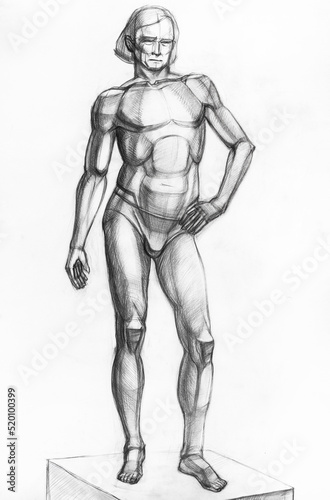 training drawing of man standing on podium hand-drawn by pencil on white paper