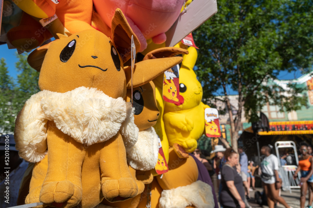 Calgary, Alberta, Canada July 16, 2022 A Eevee stuffed plush toy offered as a prize for