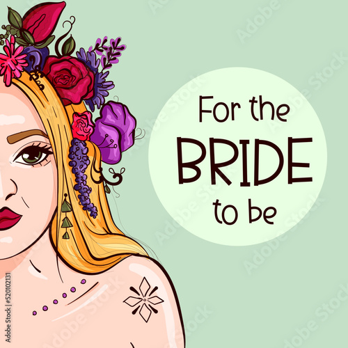 Fotografiet Vector art of a blonde bride with floral decorations on her hair