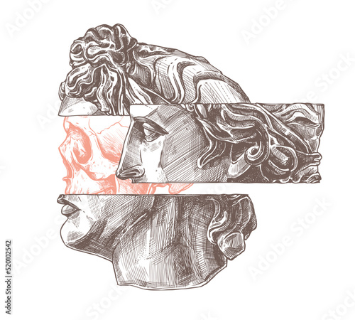 Apollo profile, ancient head and human skull in statue. Trendy fashion print concept with, sketch detailed tattoo illustration. Surreal antique sculpture, academic drawing