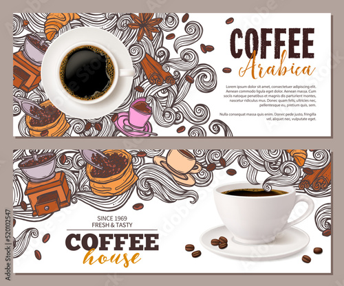 Coffee advertising banners design set with coffee cup and hand drawn doodle beans, croissant, mug of beverage and swirls in steam. Horizontal templates with mixing realistic and cartoon sketch styles