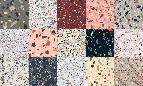 Collection of vector terrazzo abstract backgrounds. Stone and rock textures for floor tiles with granite, quartz, marble and concrete. Set of seamless patterns