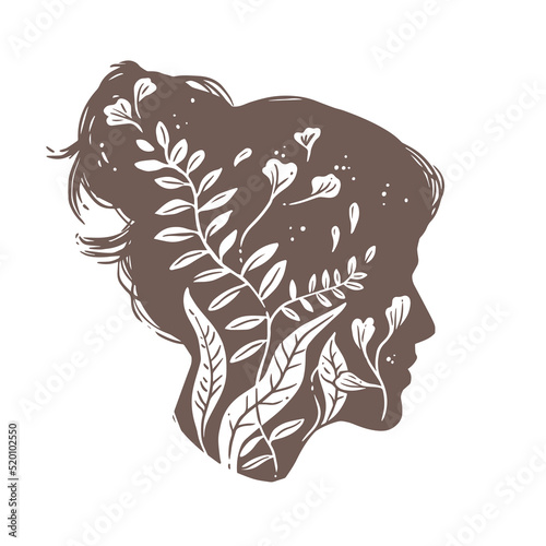 Double exposure of young girl profile and flower bouquet, plants, foliage and leaves. Creative concept logo, emblem or label for beauty and hairdressing salon. Beautiful silhouette drawing