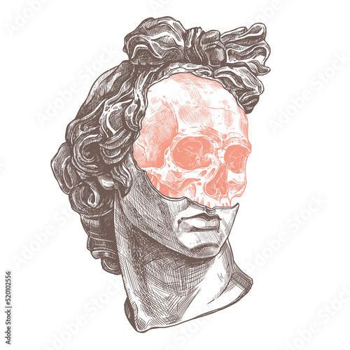 Trendy fashion print concept with Apollo ancient head and human skull in statue. Sketch detailed tattoo illustration. Surreal antique sculpture, academic drawing