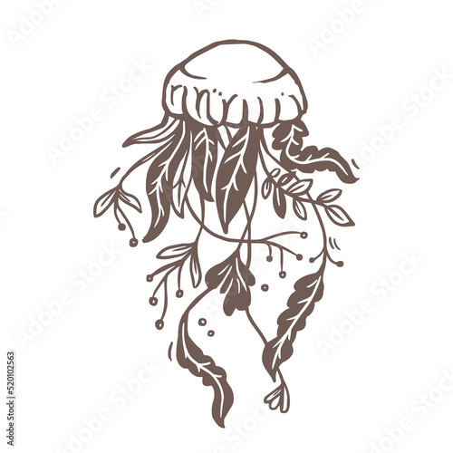 Fantasy jellyfish and flower bouquet, plants, foliage and leaves. Creative concept logo, emblem or label with sea medusa for print or tattoo. Wildlife illustration