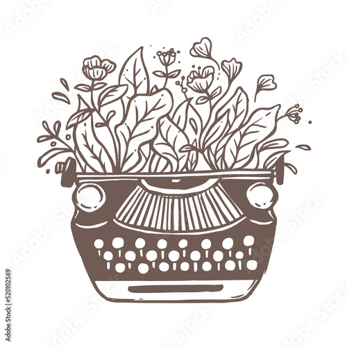 Vintage typewriter with growing flower bouquet, plants, foliage and leaves instead paper. Vector creative and unusual concept for literature club or writing. Sketch freehand illustration
