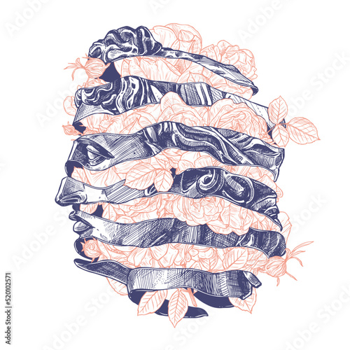 Vector Apollo ancient head statue made with helical spiral ribbon and with flowers roses. Modern new retro art illustration. Conceptual print, poster or tattoo