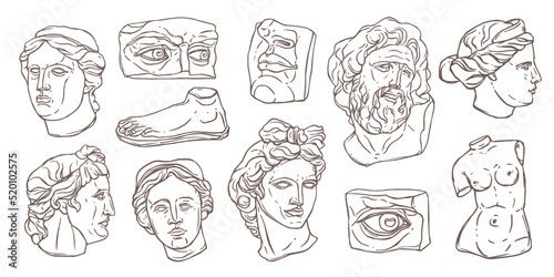 Vector set of ancient antique sculpture. Venus, Apollo and Laocoon head and body statue. Monument elements of greek gods, David's eyes, nose, lips, ear. Linear beautiful hand drawn sketch collection