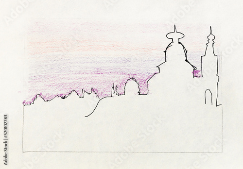 outline sketch of Suzdal town skyline Russia under purple sunset sky in hand-drawn with black pen and color pencils on old white textured paper
