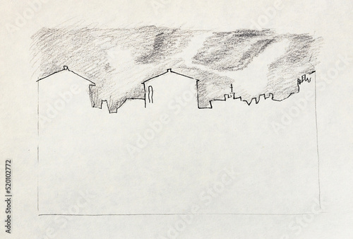 outline sketch of Verona city skyline Italy under black sky in hand-drawn with black pen and pencil on old white textured paper